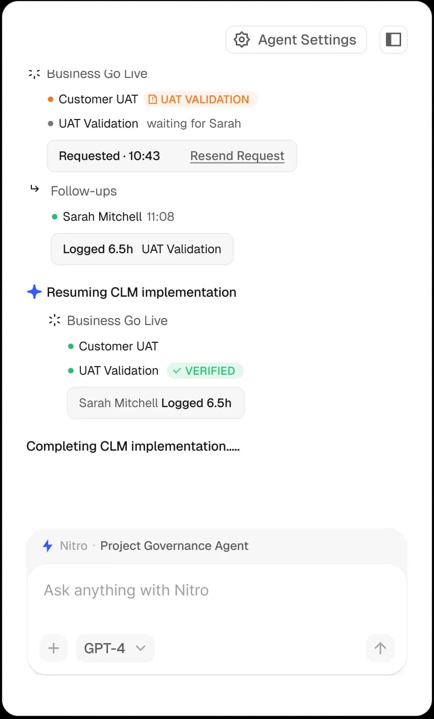Rocketlane project workspace showing Nitro resolving a governance conflict