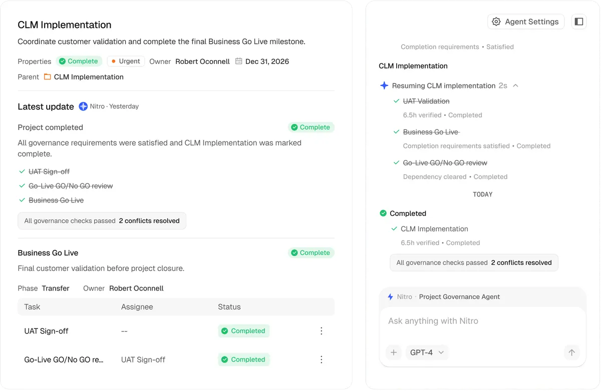 Rocketlane project workspace showing Nitro resolving a governance conflict